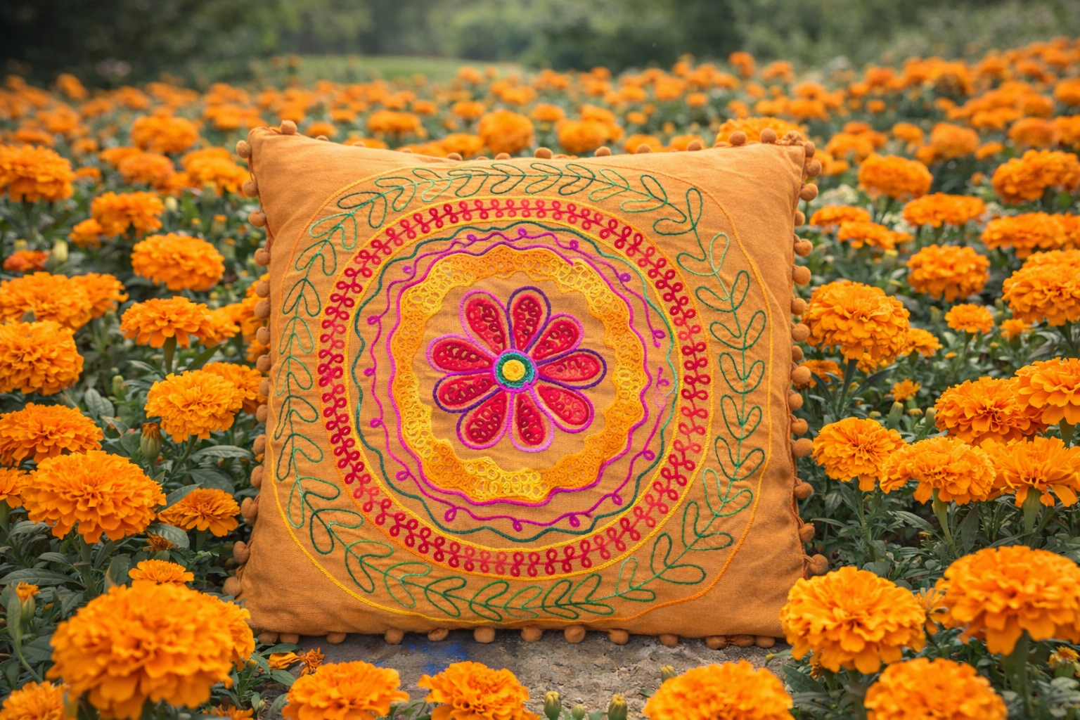 Turuncu Renk Güneş Çiçeği Mandala Nakışlı Ponponlu Bohem Yastık Kılıfı 40cmX40cm