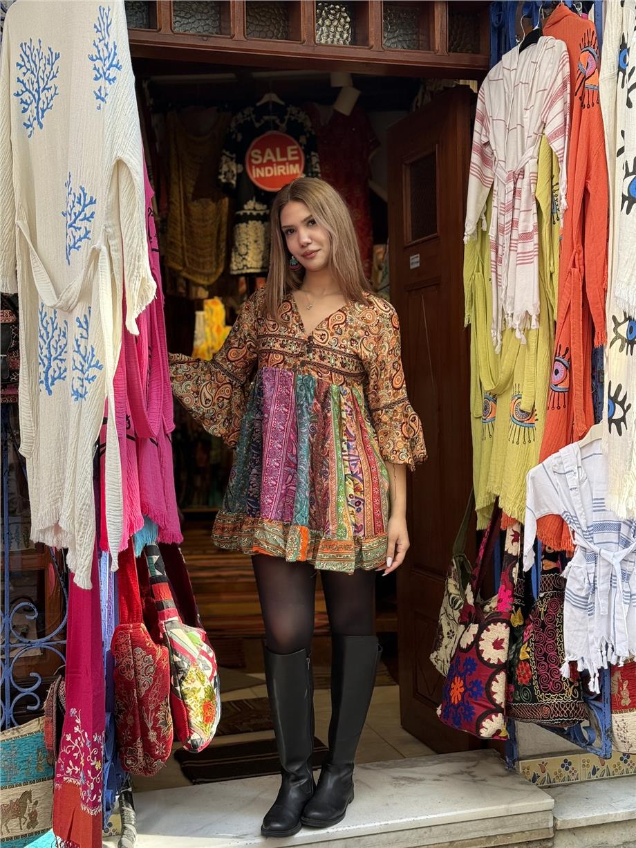 Turuncu Renk İthal Özel Tasarım Üç Düğmeli Patchwork Rayon Bluz