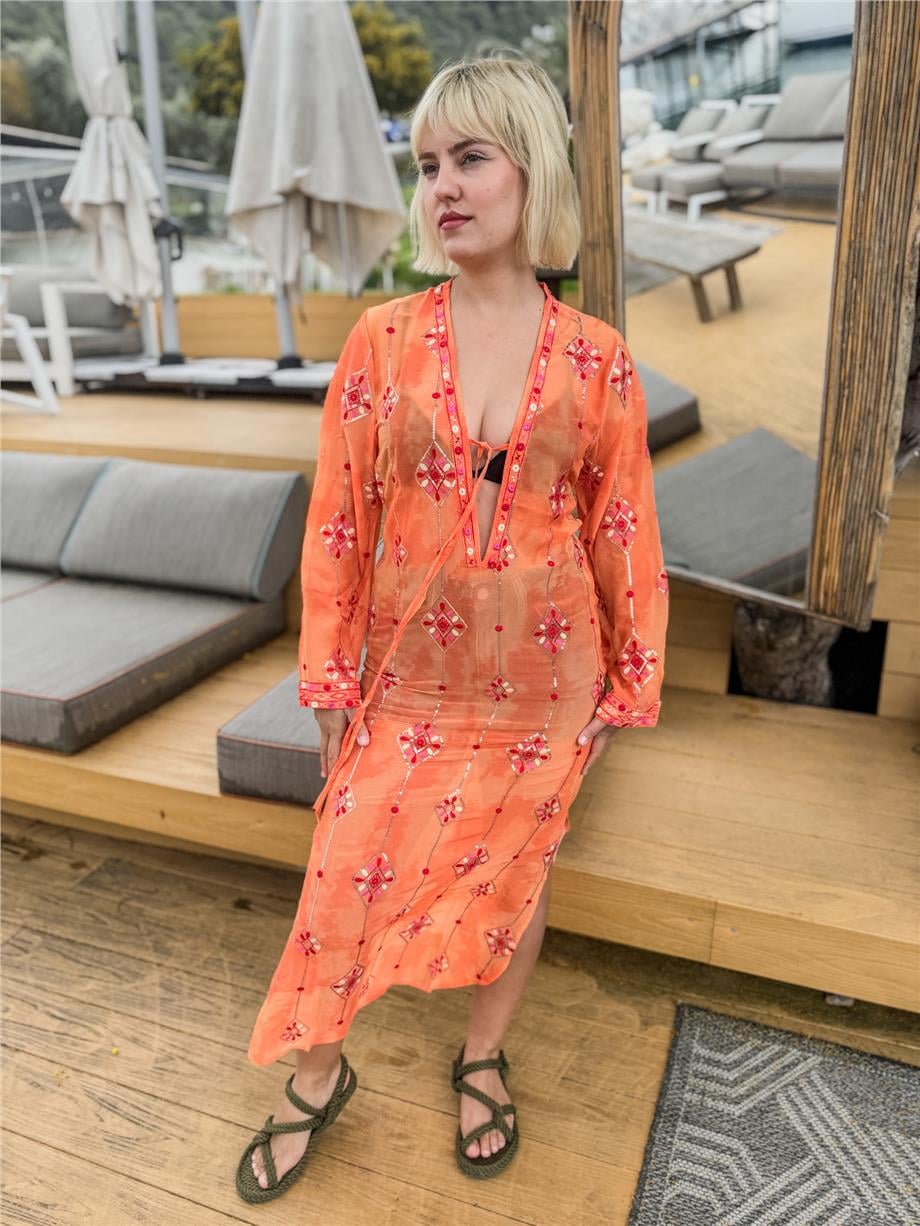 Turuncu Renk Pullarla İşlenmiş Nakışlı V Yaka Şeffaf Boho Kimono