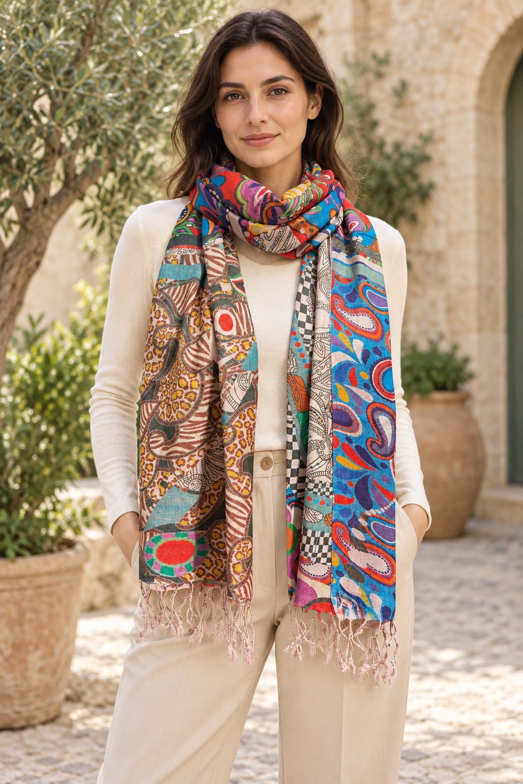 Turuncu Renk Şal Motifli Geometrik Patchwork Desenli Etnik Şal
