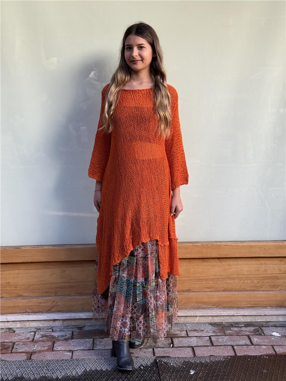 Turuncu Renk Sofia Asimetrik Merserize Tunik