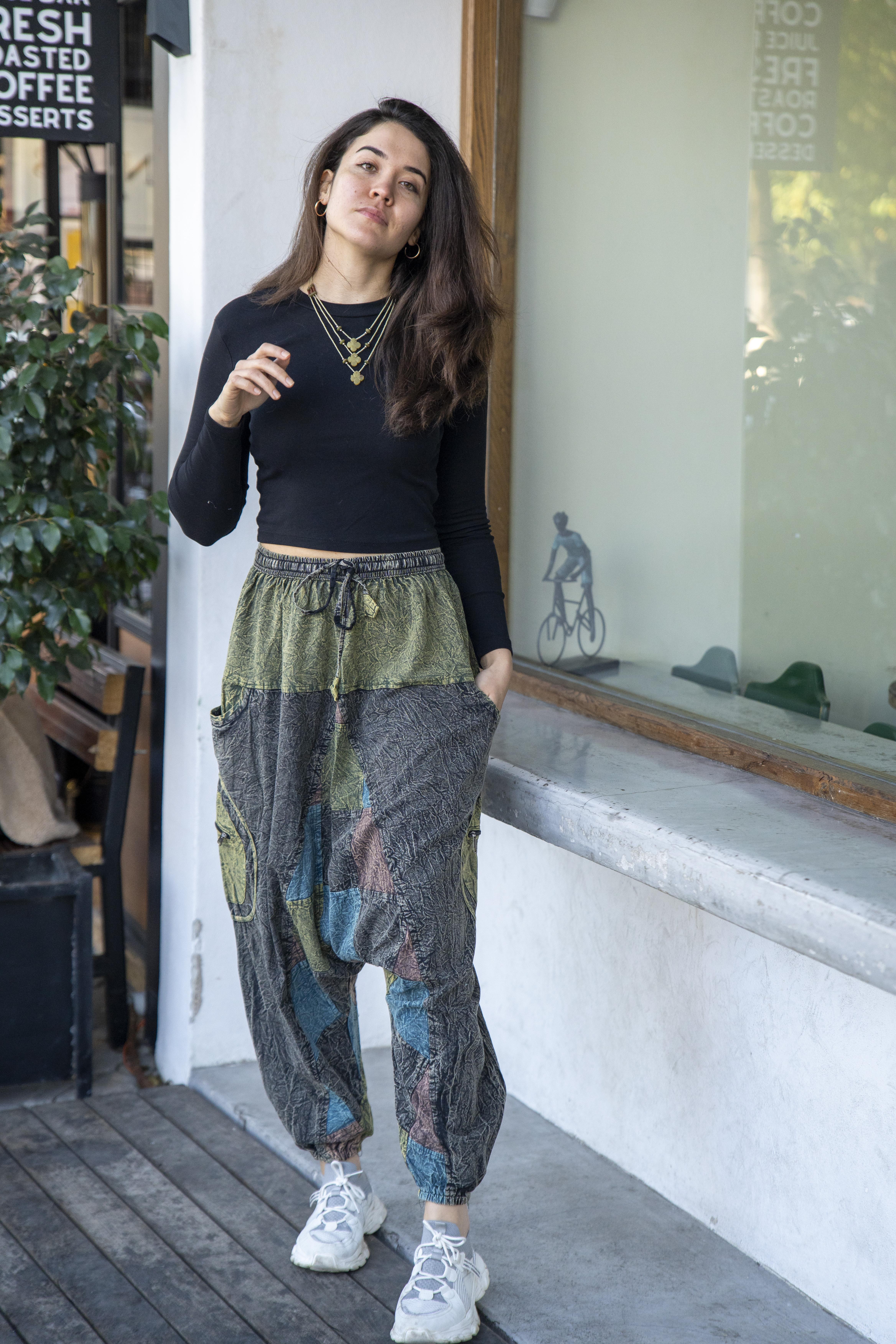 Unisex Haki Renk Bohem Nepal Patchwork Şalvar