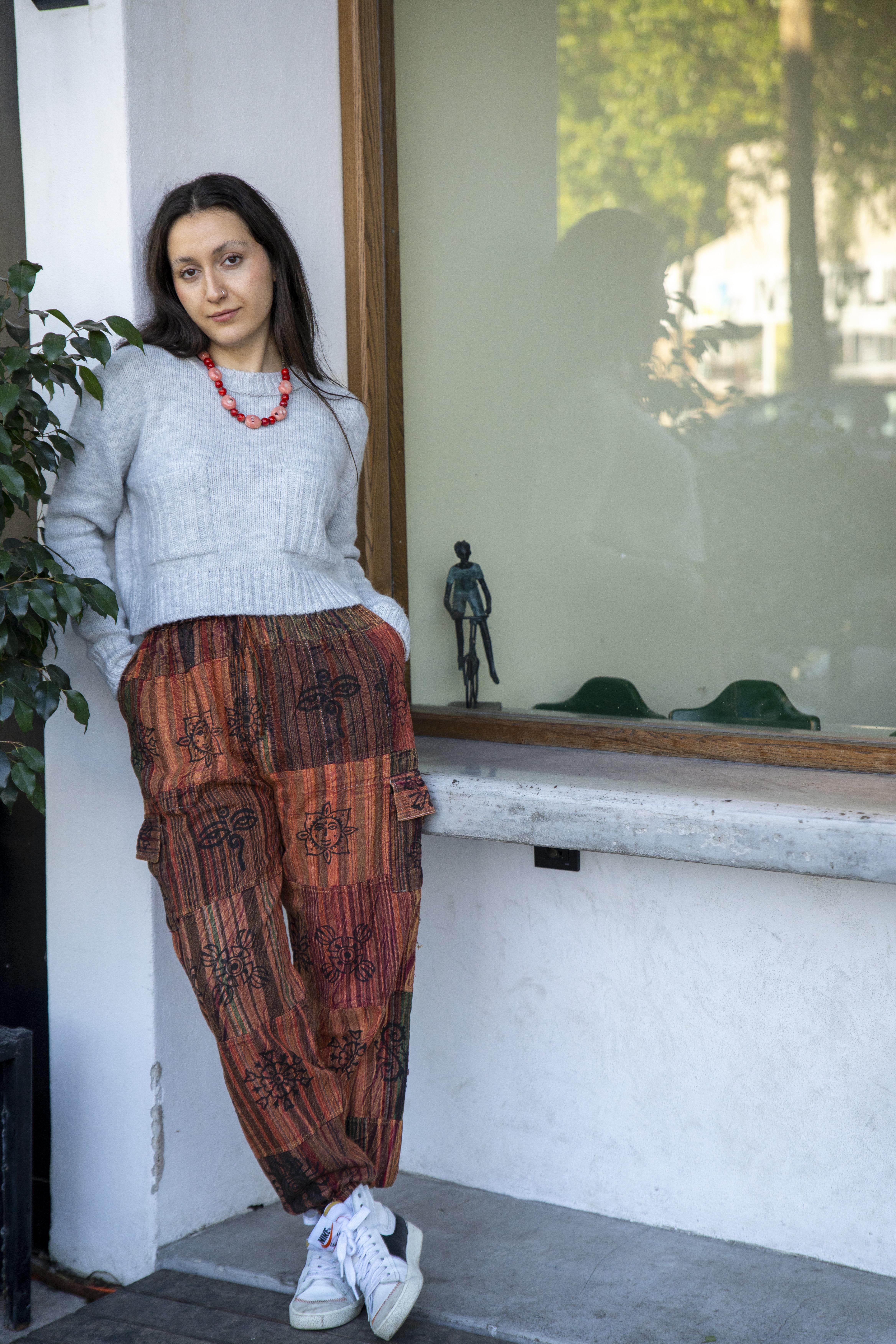 Unisex Kiremit Renk Bohem Nepal Patchwork Pantolon