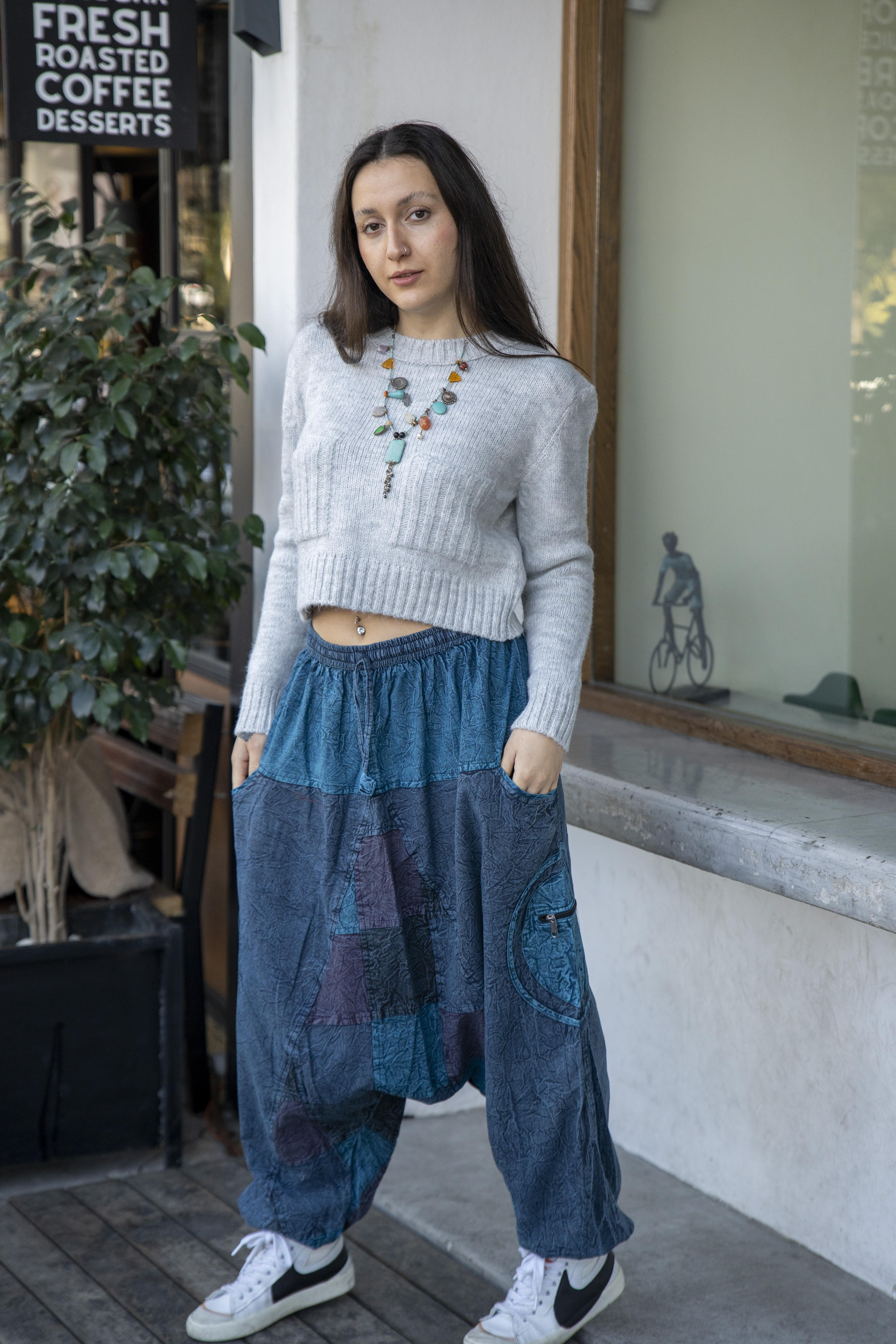 Unisex Mavi Renk Bohem Nepal Patchwork Şalvar