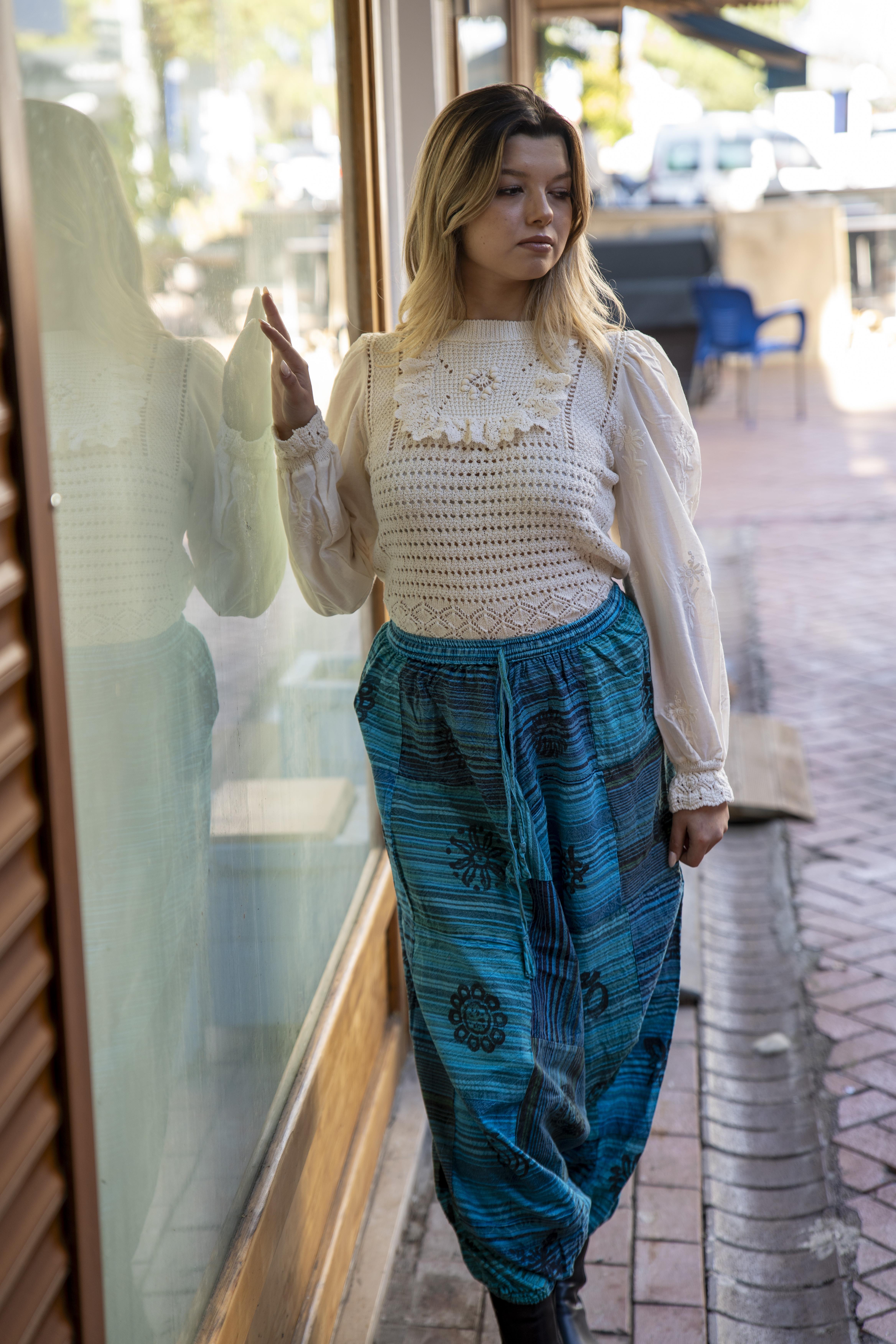 Blue Unisex Nepal Patchwork Harem Pants