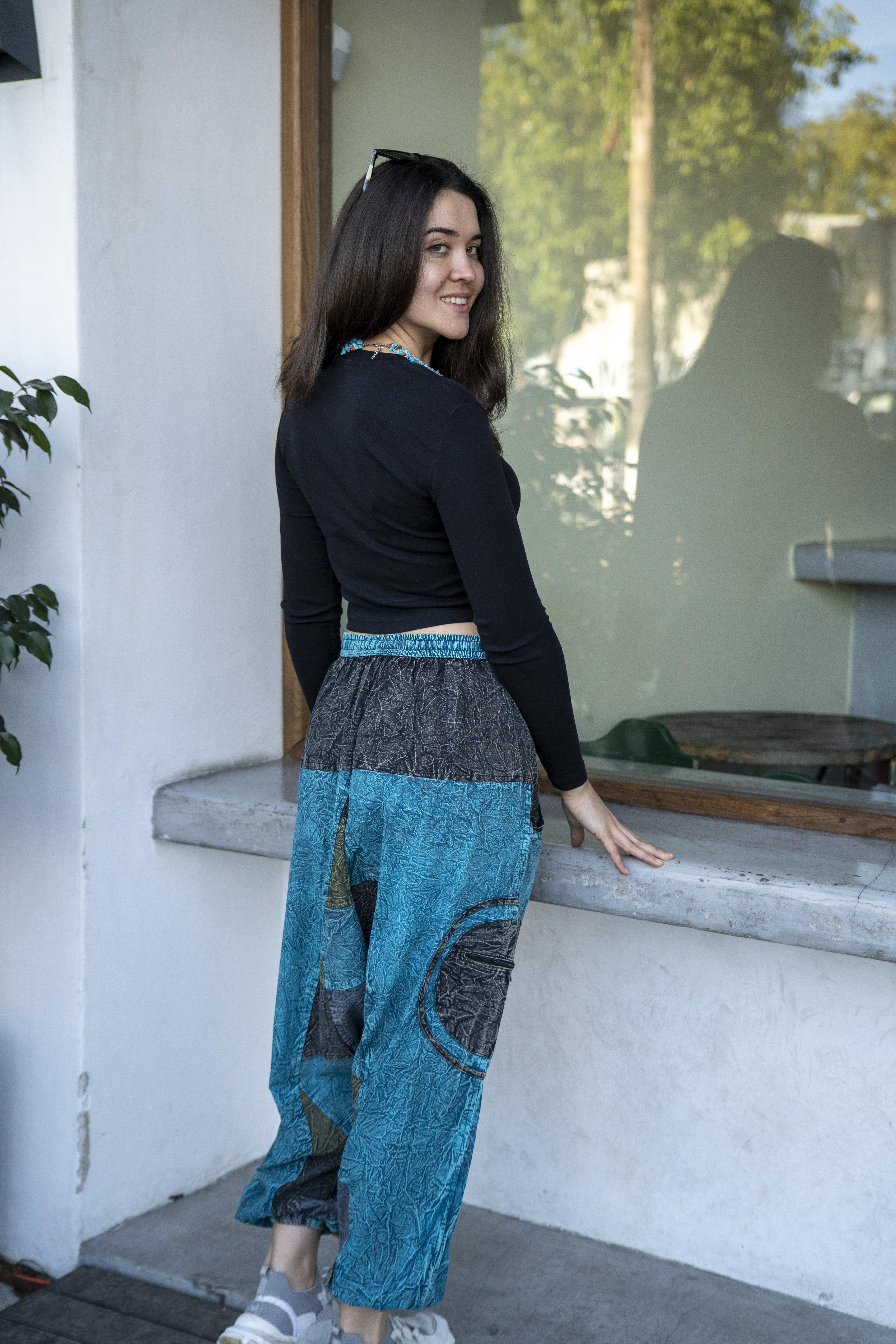 Unisex Turkuaz Renk Bohem Nepal Patchwork Şalvar