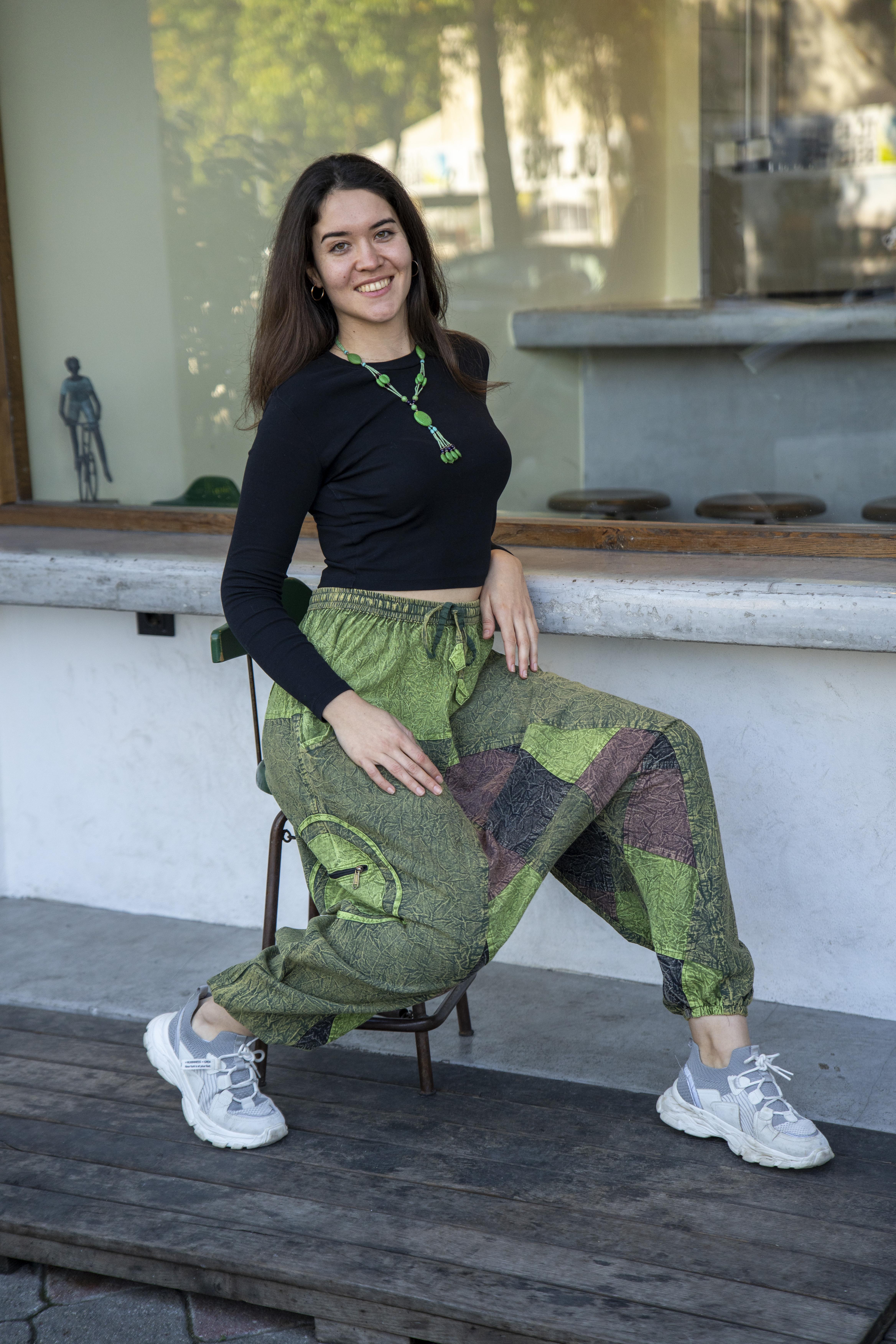 Unisex Yeşil Renk Bohem Nepal Patchwork Şalvar