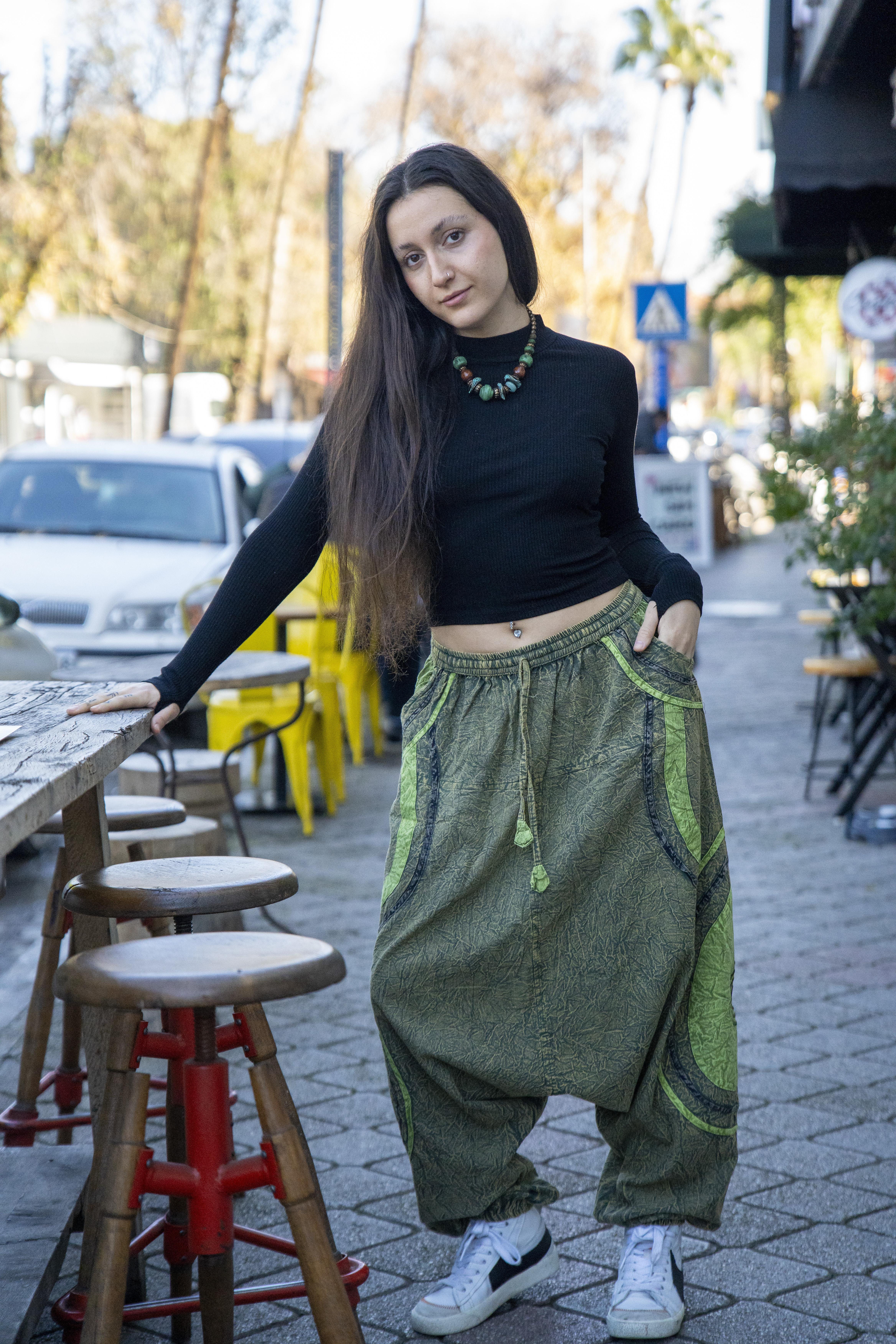 Unisex Yeşil Renk Bohem Nepal Şalvar