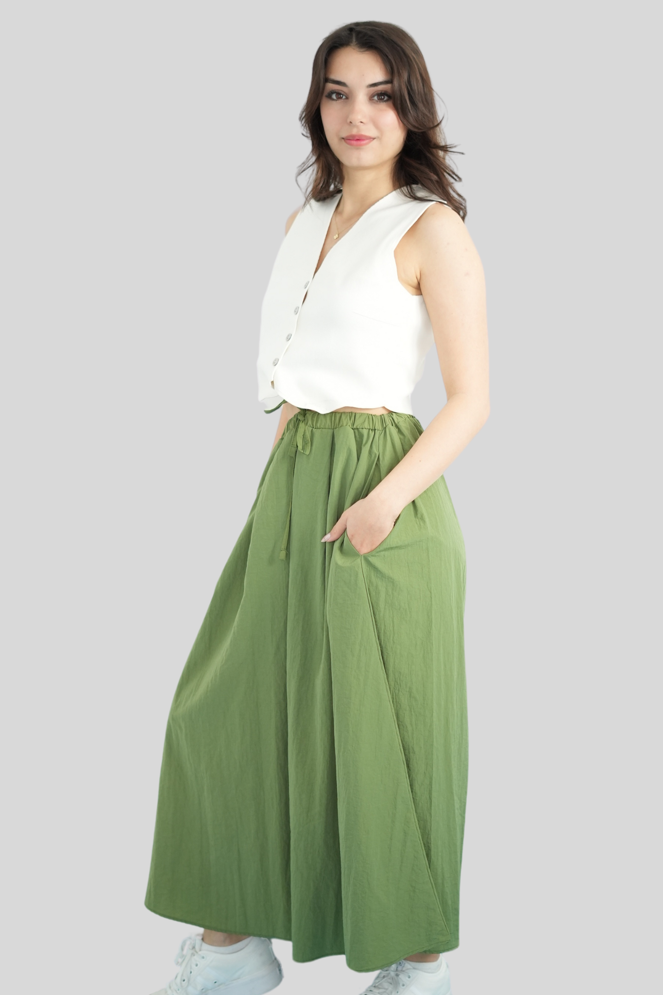 Yeşil Beli Lastikli Salaş Pantolon