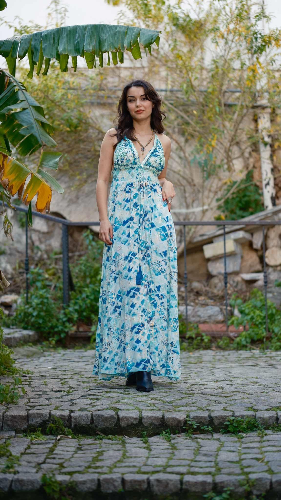 Green Halter Neck Backless Silk Dress