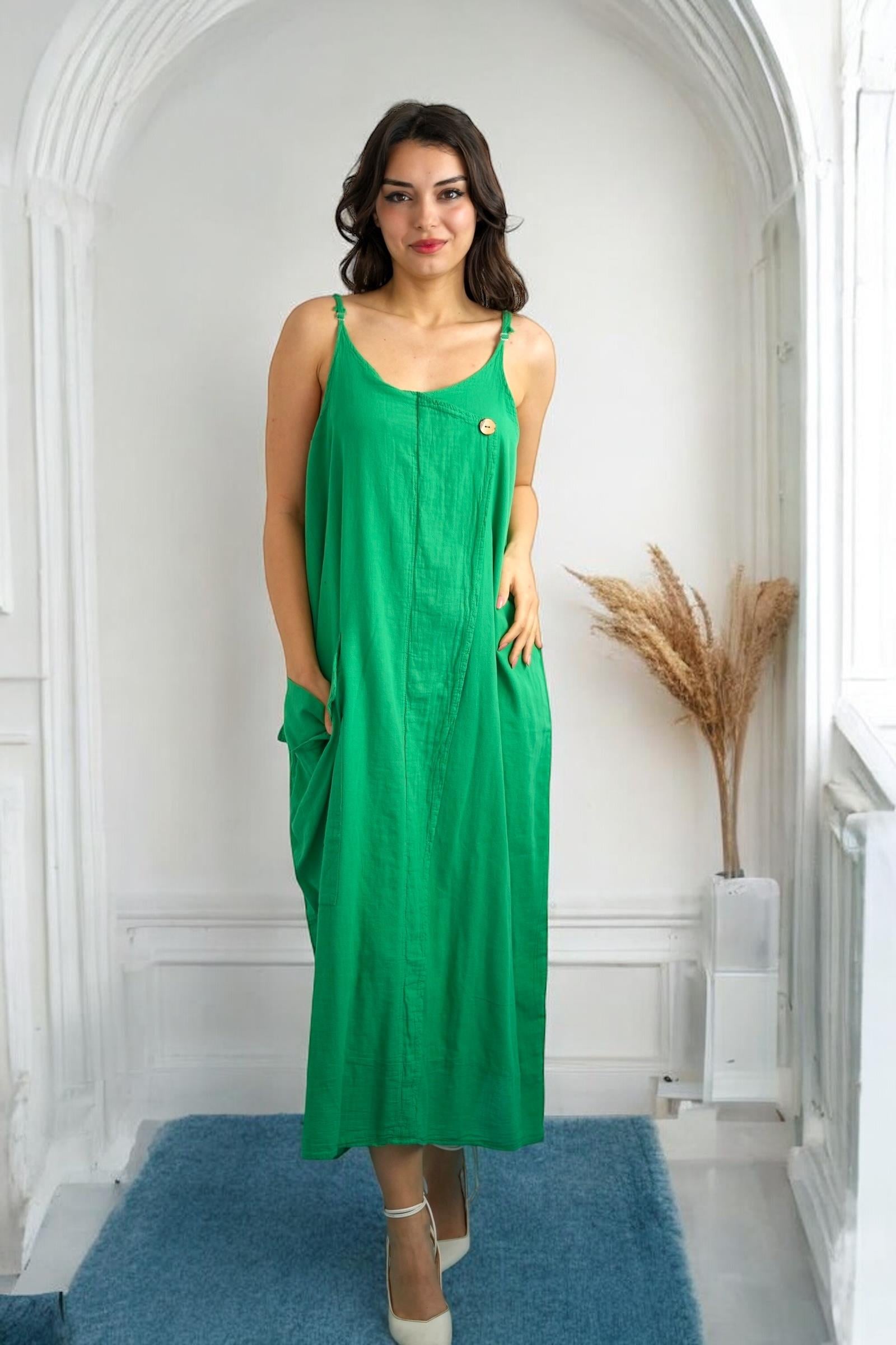 Yeşil Düğme Detaylı Elbise