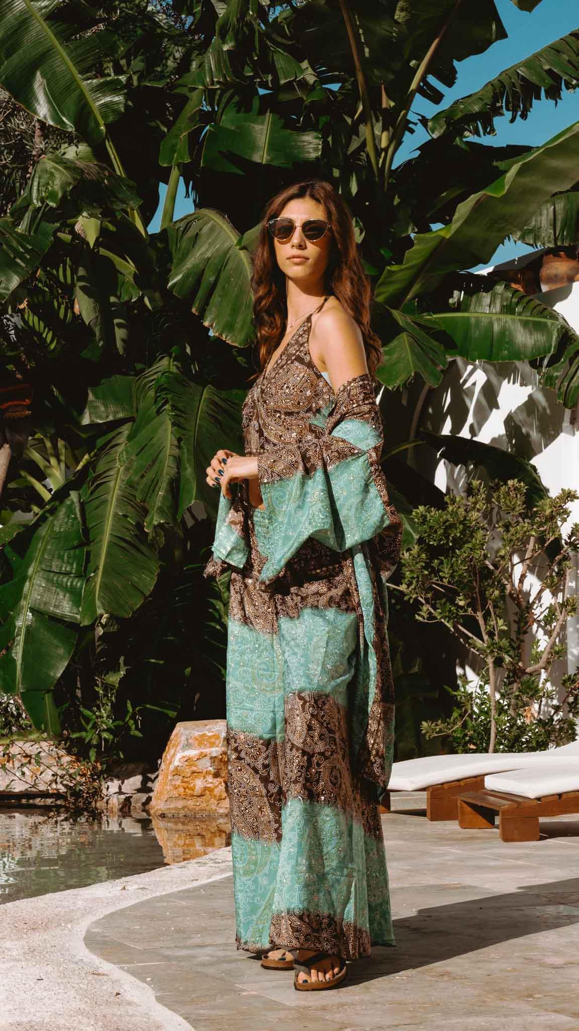 Green Silk Trousers Crop Kimono Three-Piece Set