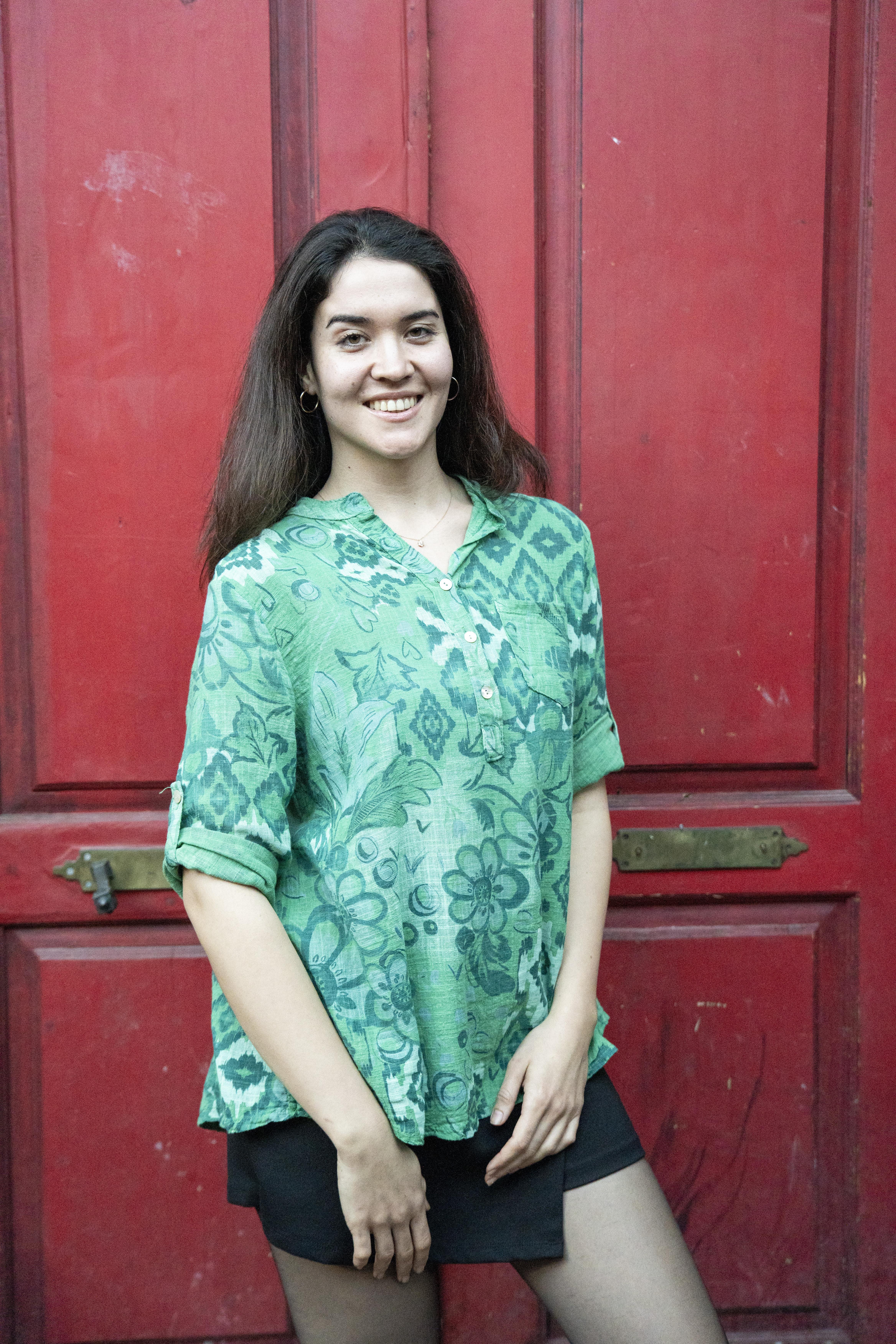 Green Kilim Patterned Three-Button Front Shirt