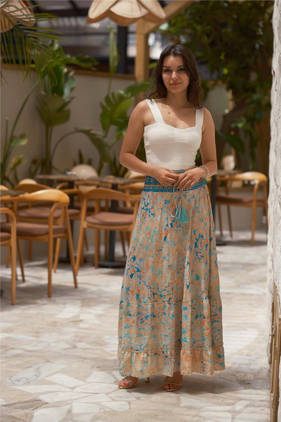 Green Sequin Detail Silk Long Dress