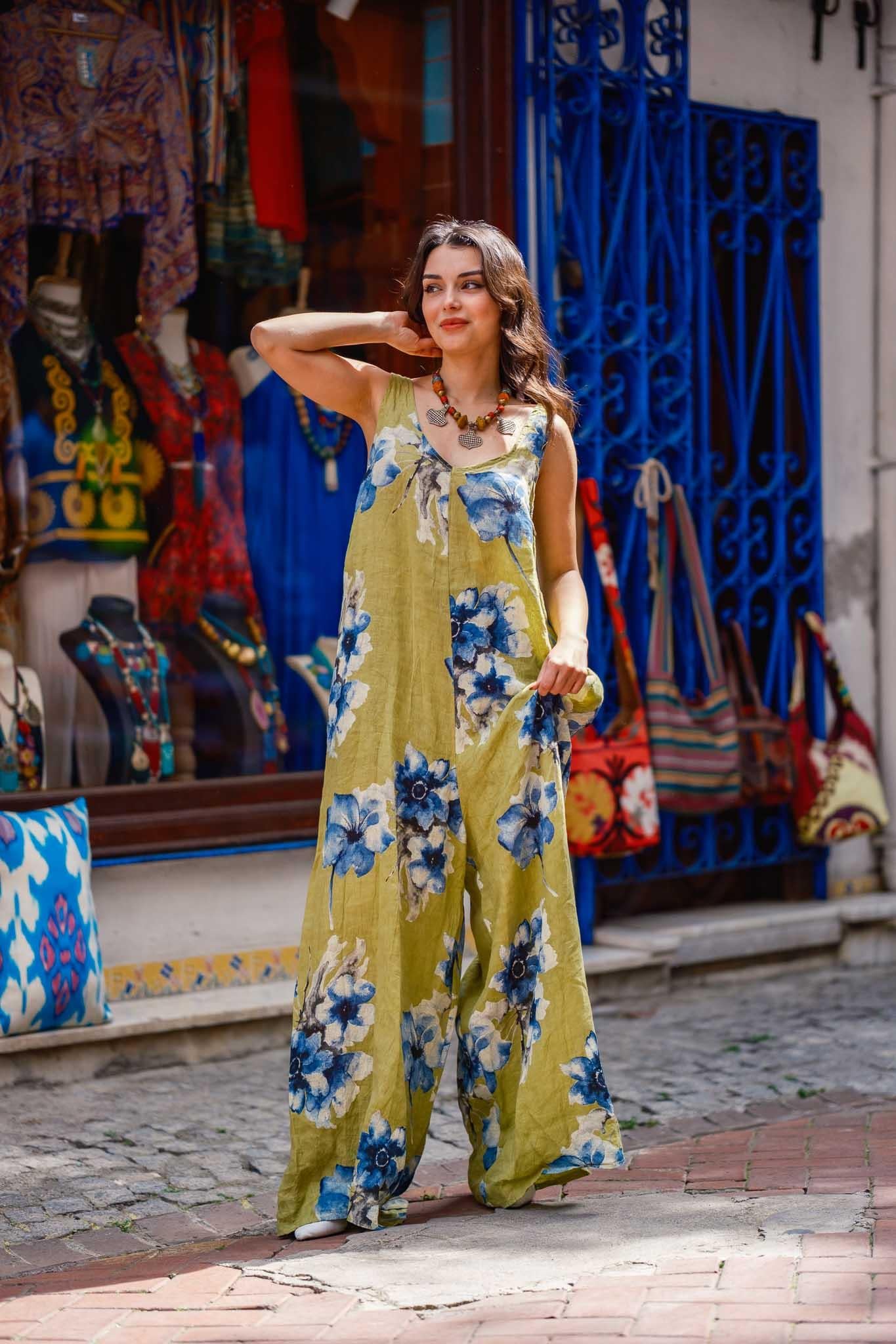 Green Floral Patterned Linen Jumpsuit