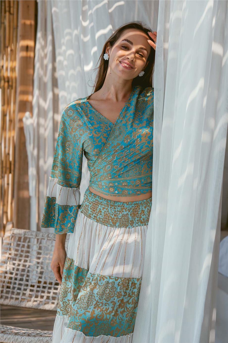 Green Patterned Skirt and Blouse Set