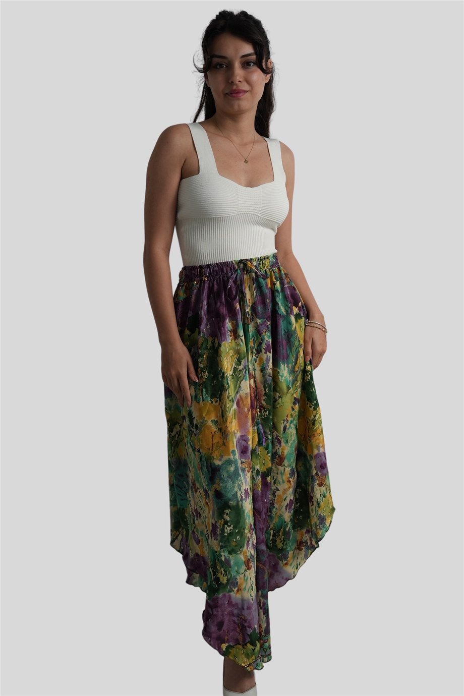 Yeşil Renk Gold Detaylı İpek Uzun Etek