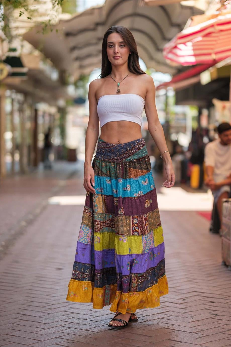 Yeşil Renk İpek Patchwork Etek