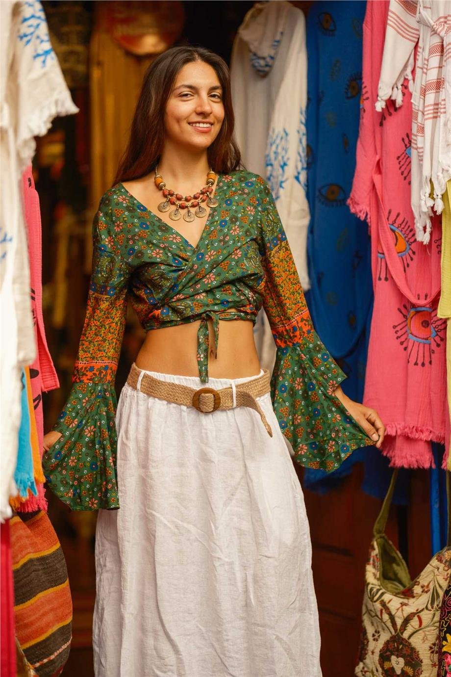 Yeşil Renk İspanyol Kol Çiçek Desenli Bluz