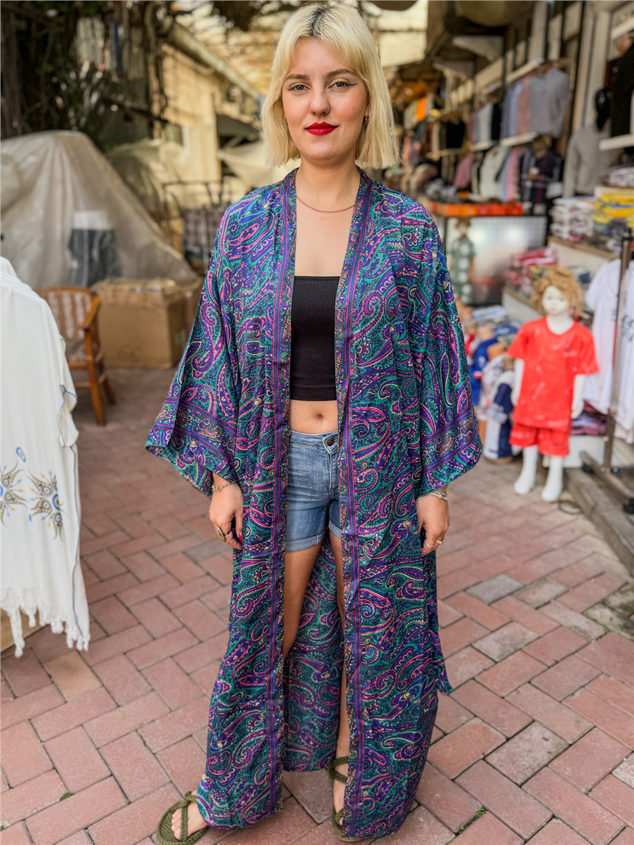 Yeşil Renk Şal Desenli İpek Kaftan