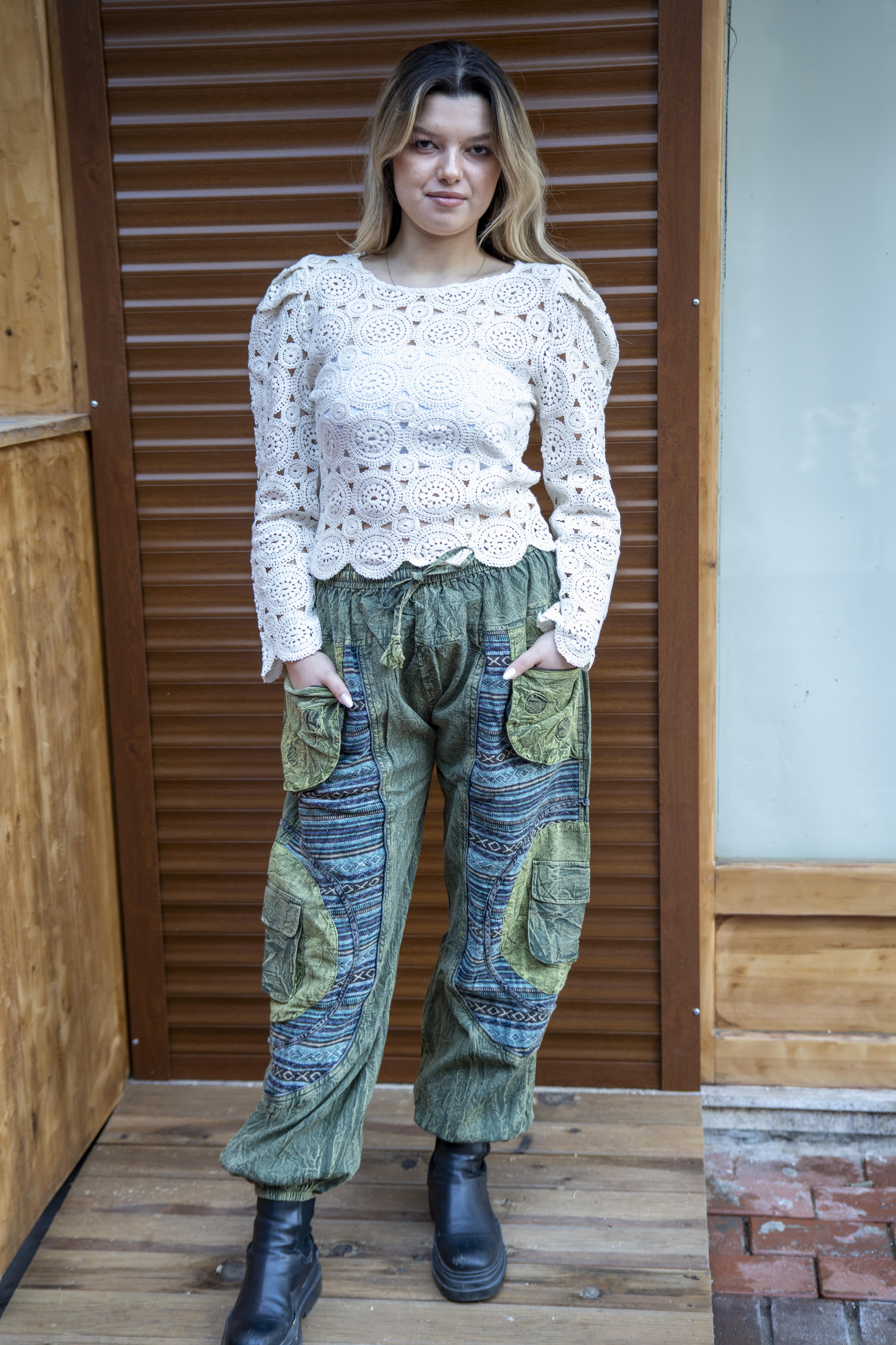 Green Unisex Bohemian Nepalese Pocket Pants