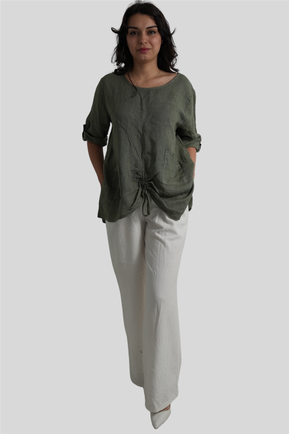 Zeytin Dalları Büzgü Detaylı Keten Bluz