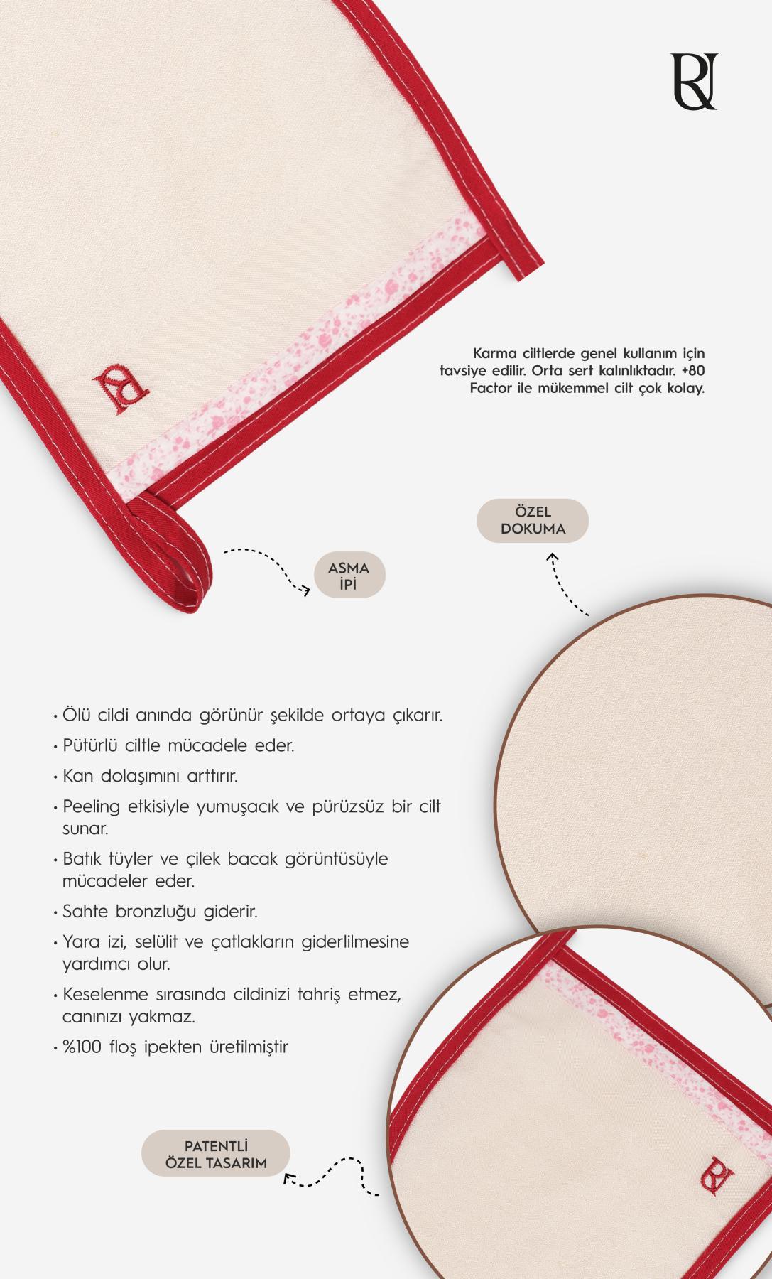 +80 Factor Kırmızı Kalın Banyo Duş Kesesi Peeling Eldiveni %100 Floş İpek  Unisex