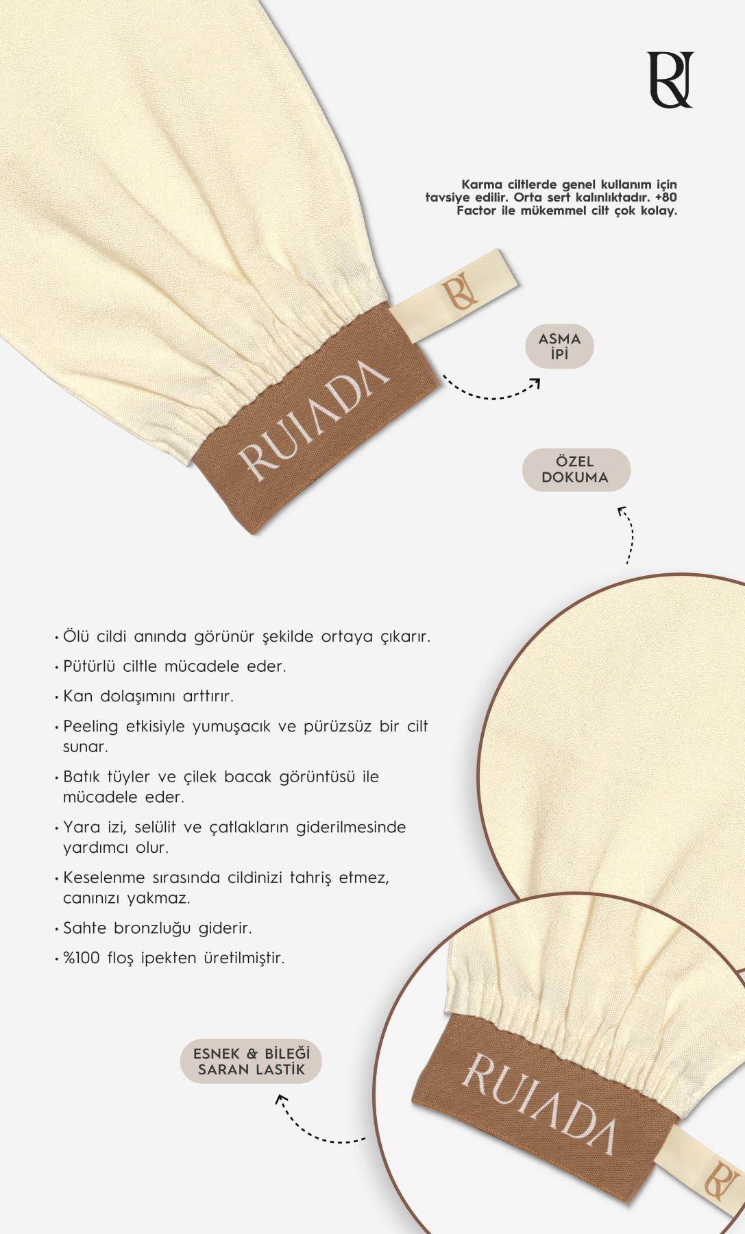 +80 Factor Ekru Banyo Duş Kesesi Peeling Eldiveni %100 Floş İpek Premium Unisex