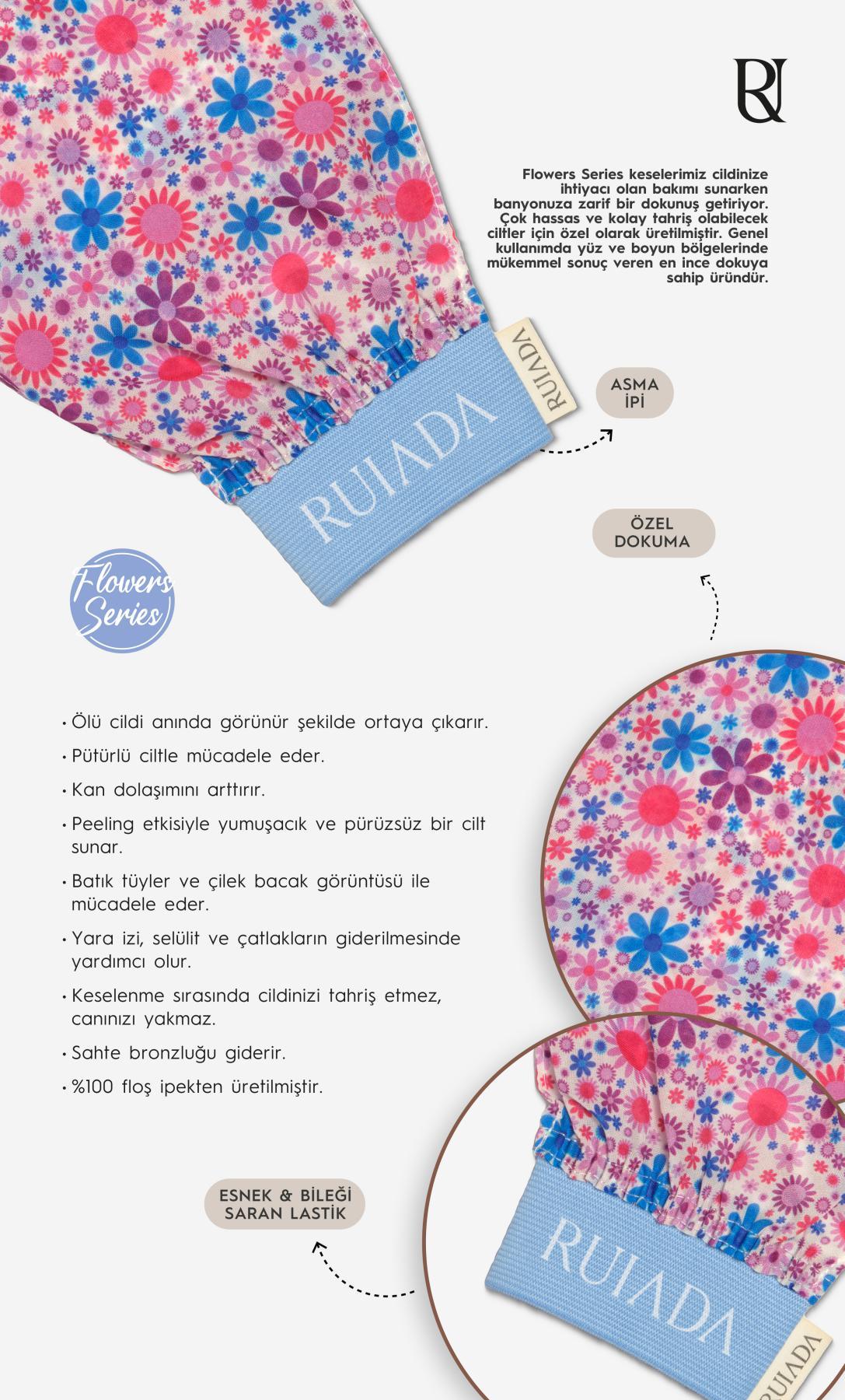 Flowers Series +50 Factor %100 Floş Ipek Ince Banyo Duş Kesesi Peeling Eldiveni (TURQUOISE)