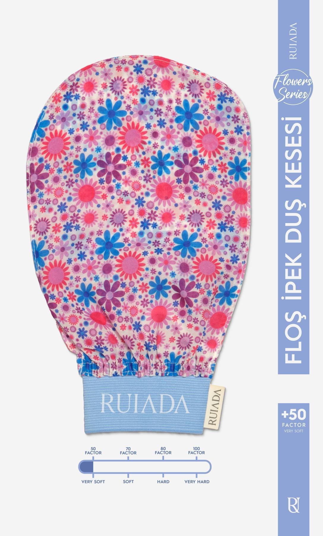 Flowers Series +50 Factor %100 Floş Ipek Ince Banyo Duş Kesesi Peeling Eldiveni (TURQUOISE)