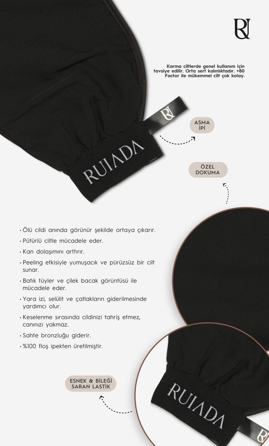 +80 Factor Siyah Banyo Duş Kesesi Peeling Eldiveni %100 Floş İpek Premium Unisex