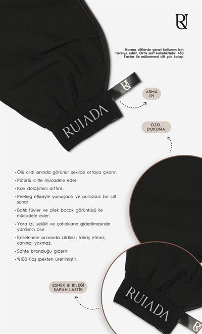 +80 Factor Siyah Banyo Duş Kesesi Peeling Eldiveni %100 Floş İpek Premium Unisex