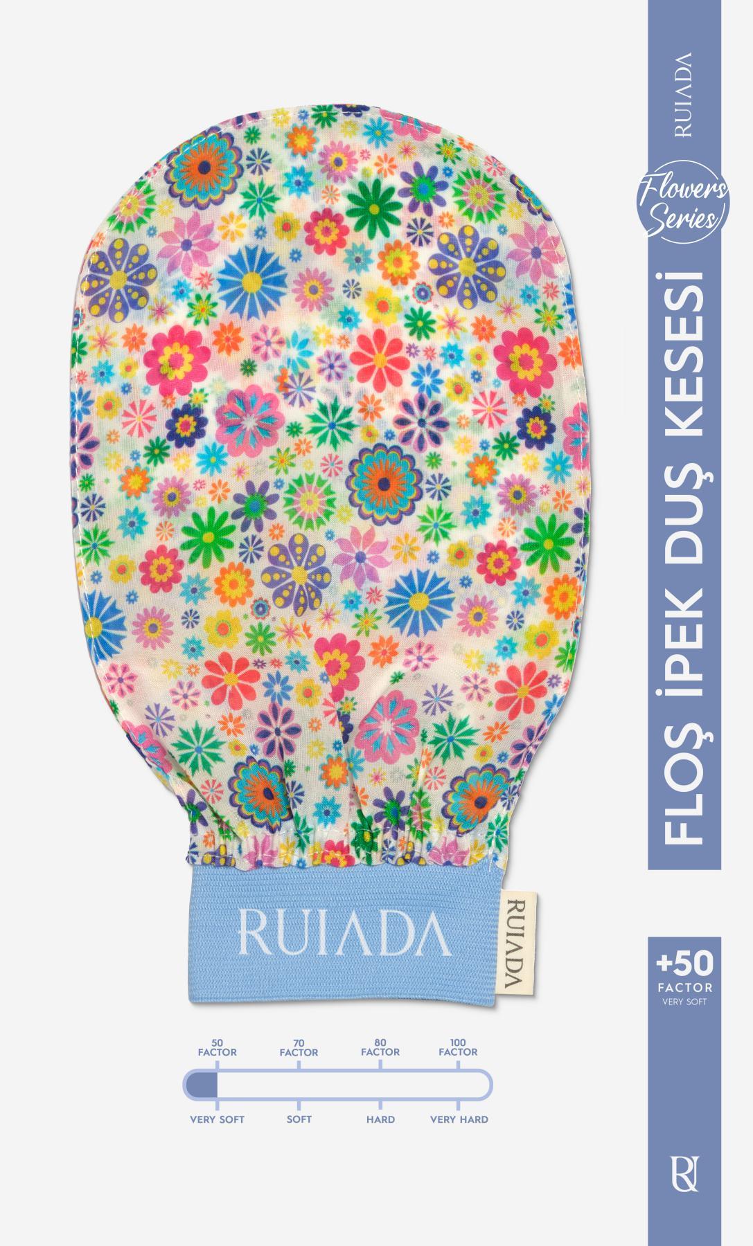 Flowers Series - Yüz ve Vücut Kesesi 2'li Set %100 Floş Ipek (Blue)