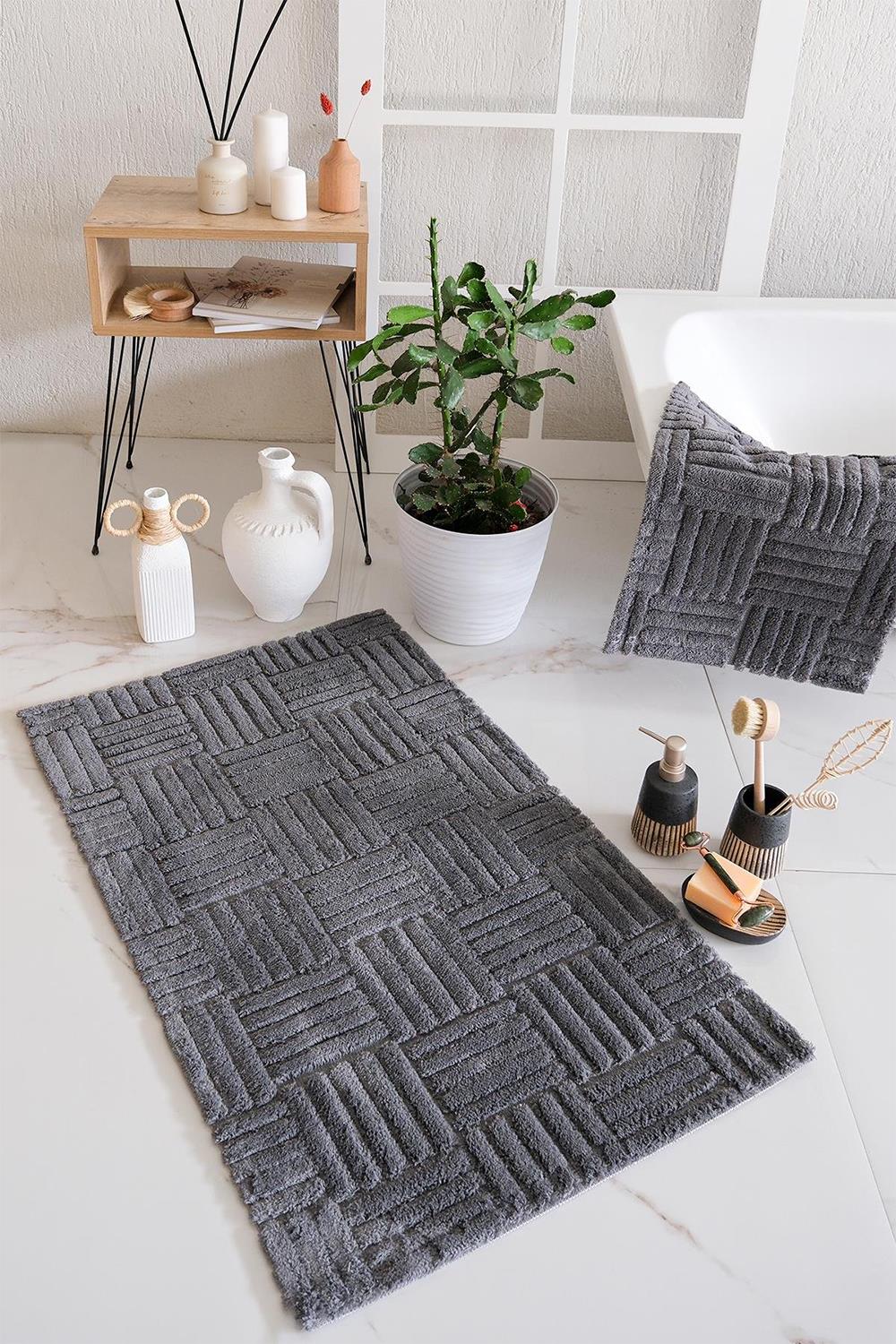 HCW Cubin Antrasit %100 Pamuk Viskon 2 Parça Banyo Paspas Seti 40*60+60*100 cm