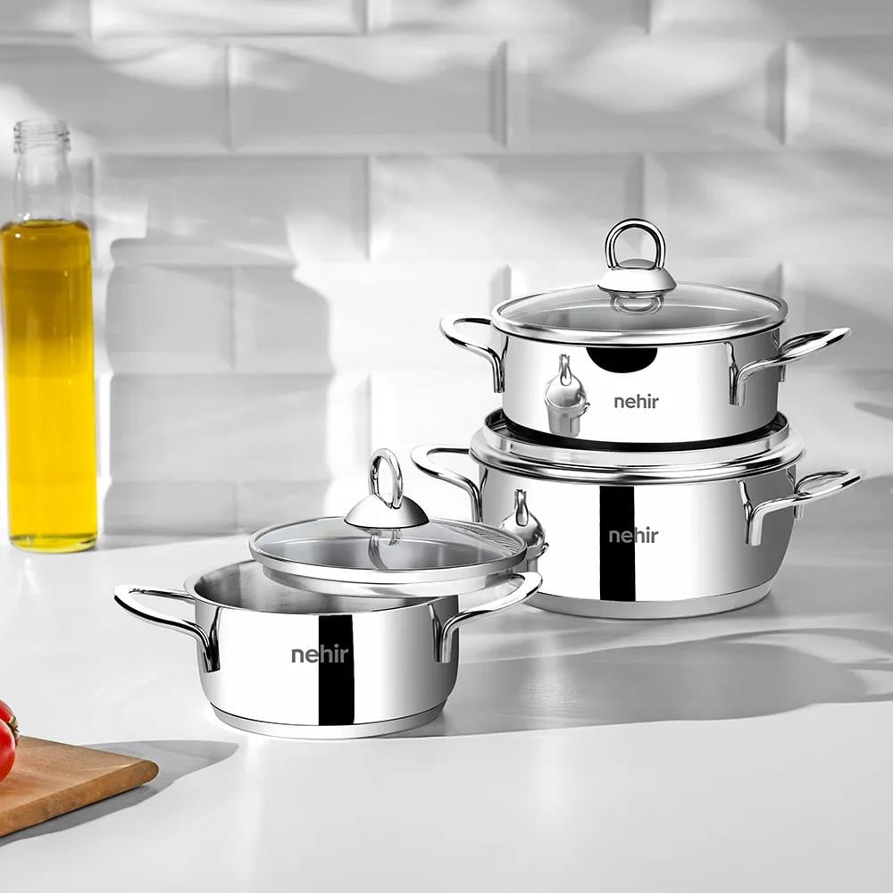 Nehir Silver 6 Parça Paslanmaz Çelik Mini Tencere Seti (12-14-16 cm)