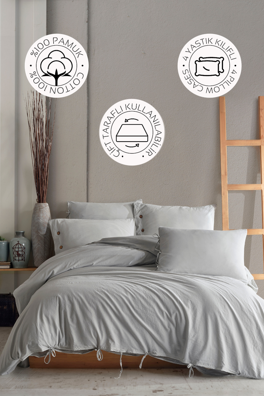 Novella Home Monarch Gri Çift Kişilik %100 Pamuk Yıkamalı Nevresim Takımı