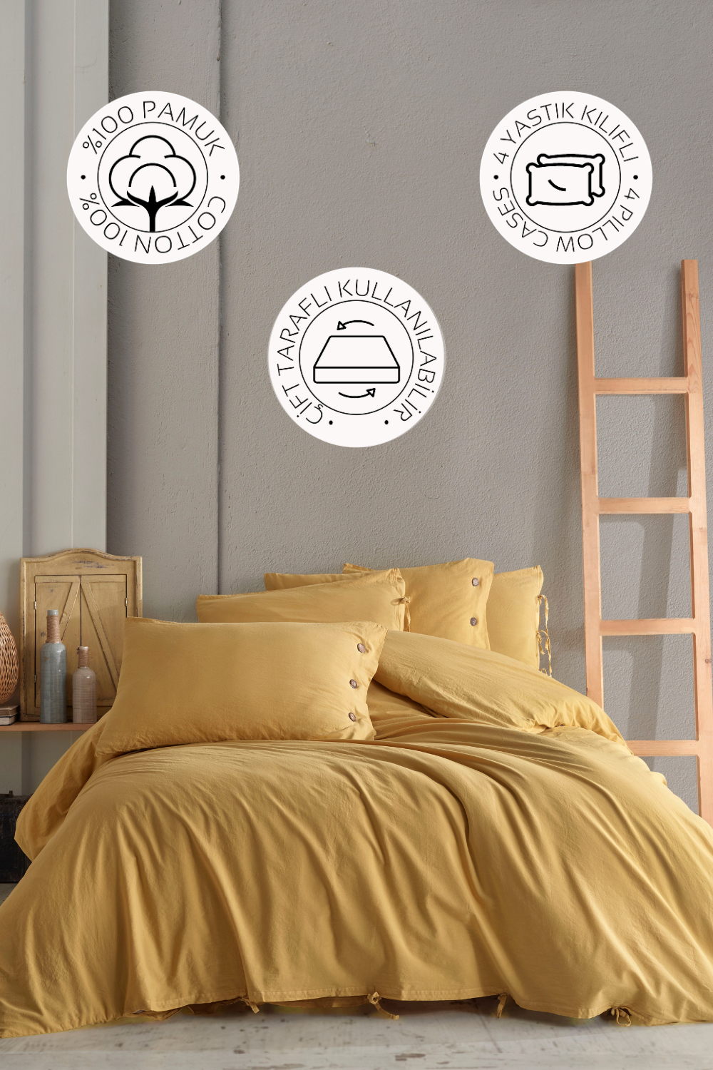 Novella Home Monarch Hardal Çift Kişilik %100 Pamuk Yıkamalı Nevresim Takımı