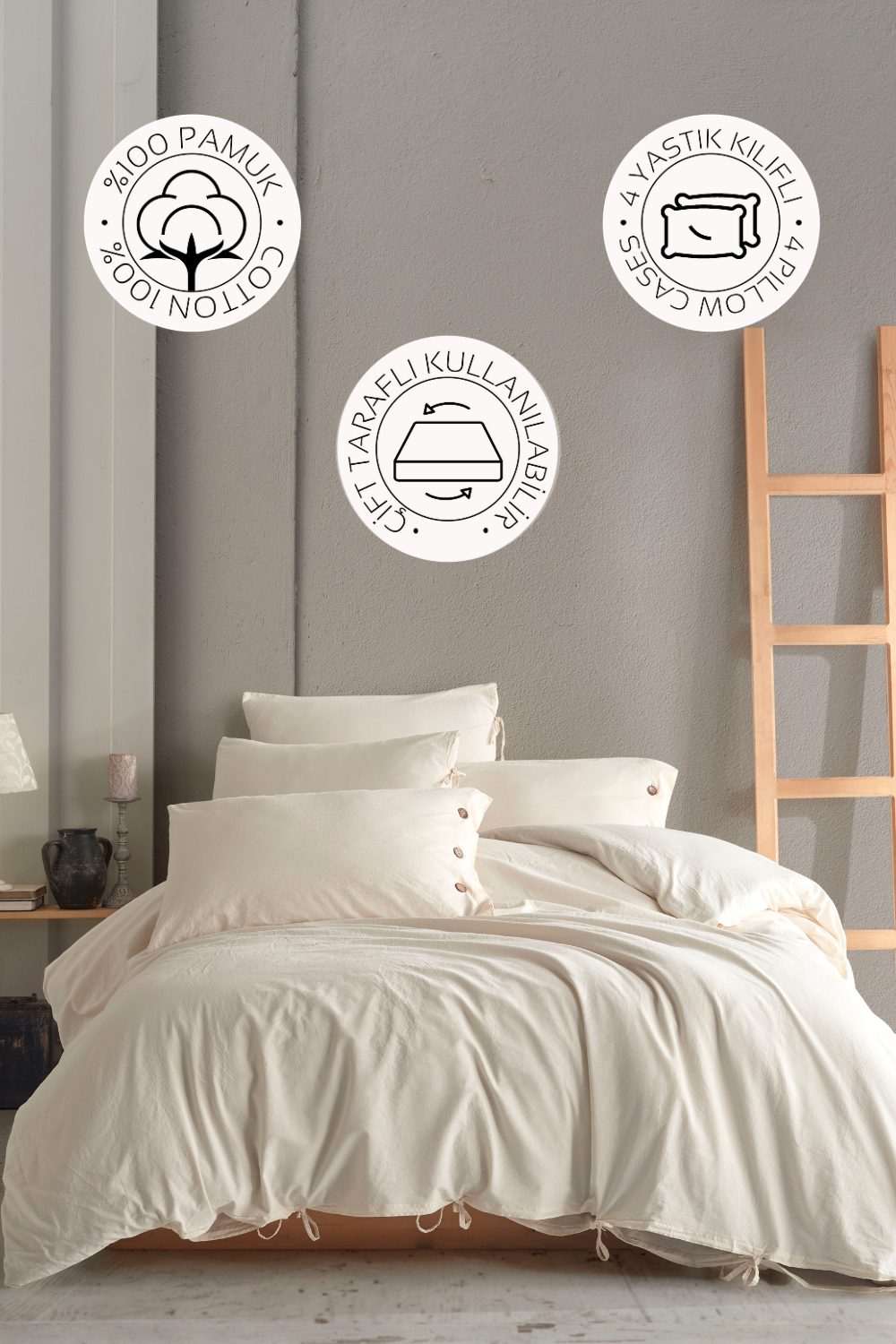 Novella Home Monarch Krem Çift Kişilik %100 Pamuk Yıkamalı Nevresim Takımı