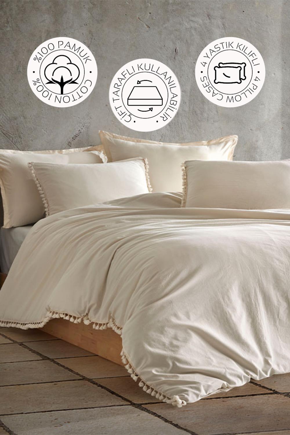 Novella Home Nil Krem Çift Kişilik %100 Pamuk Yıkamalı Nevresim Takımı