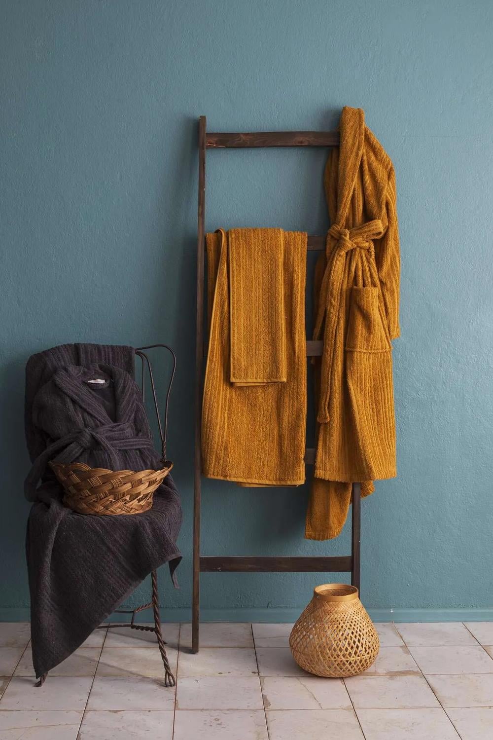 Apricitas Home Timeless Antrasit-Safran %100 Pamuk 6 Parça Aile Bornoz Seti