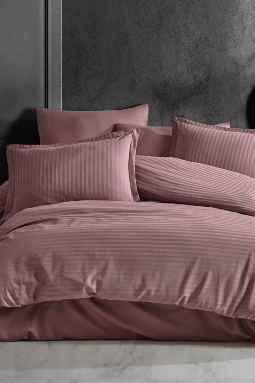 Clasy Çizgili Rose Çift Kişilik %100 Pamuk Saten Nevresim Takımı
