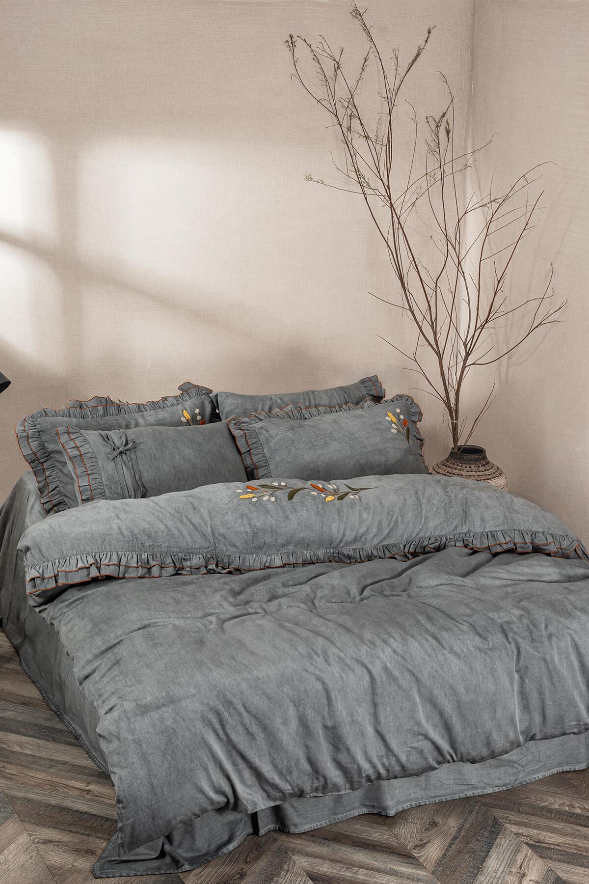 Ecocotton Farah Antrasit King Size (Battal) %100 Organik Pamuk Saten Parça Boya El Nakışlı Nevresim Takımı