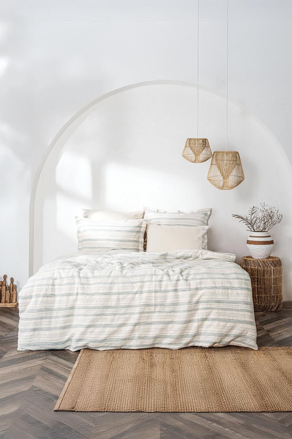 Ecocotton İkra Krem/Yeşil %100 Organik Pamuk Çift Kişilik Nevresim Takımı