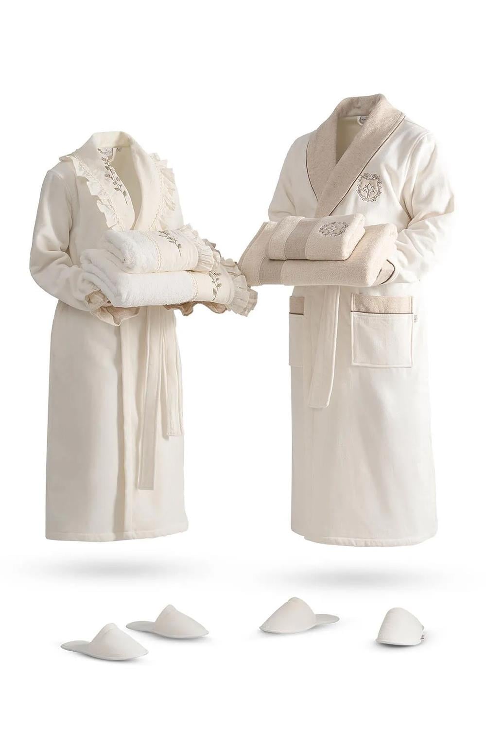 Ecocotton Leyna Krem/Krem %100 Organik Pamuk 10 Parça Aile Bornoz Seti M-L