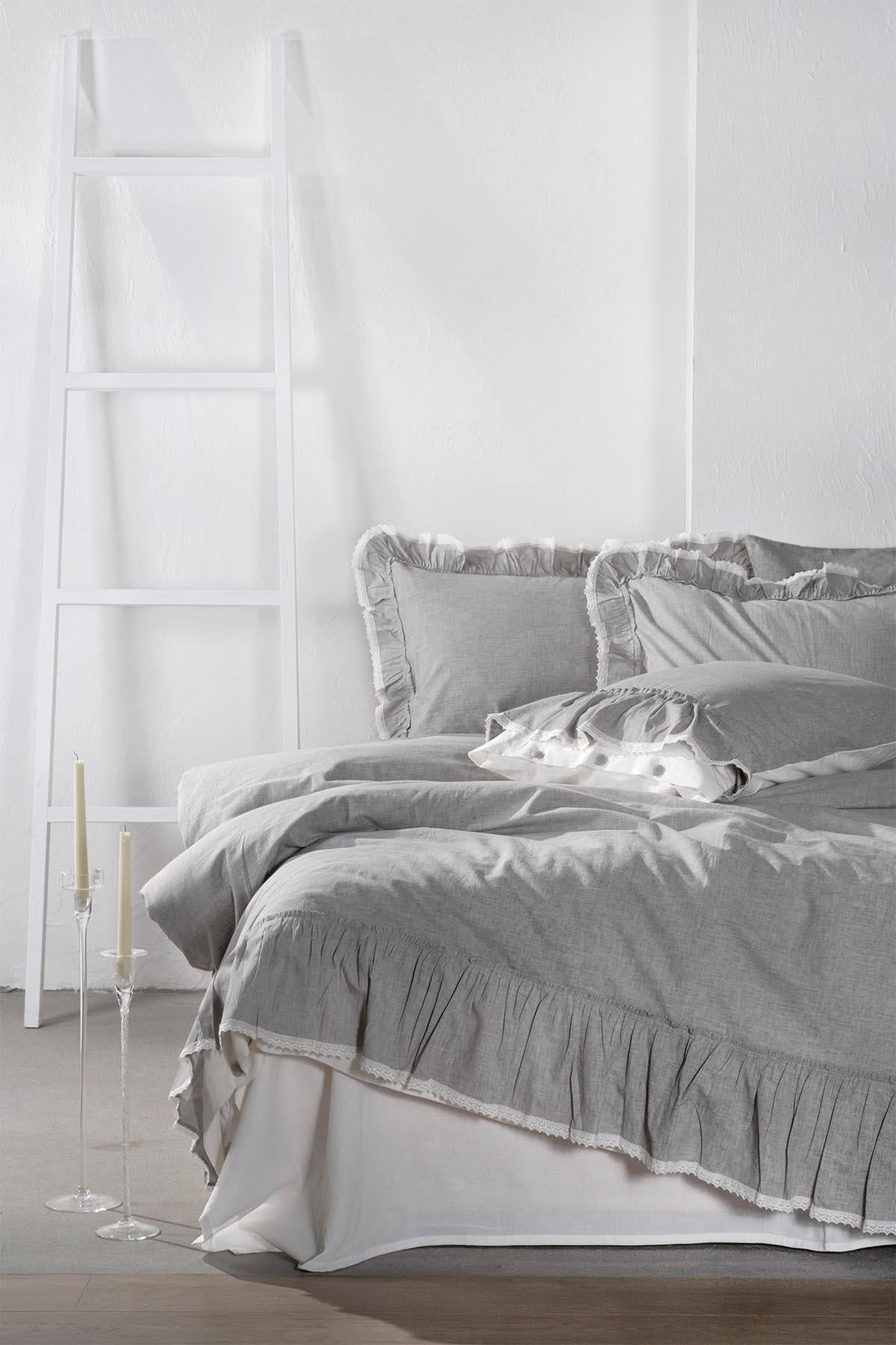 Ecocotton Lisa Gri King Size %100 Organik Pamuk Keten Fırfırlı Nevresim Takımı