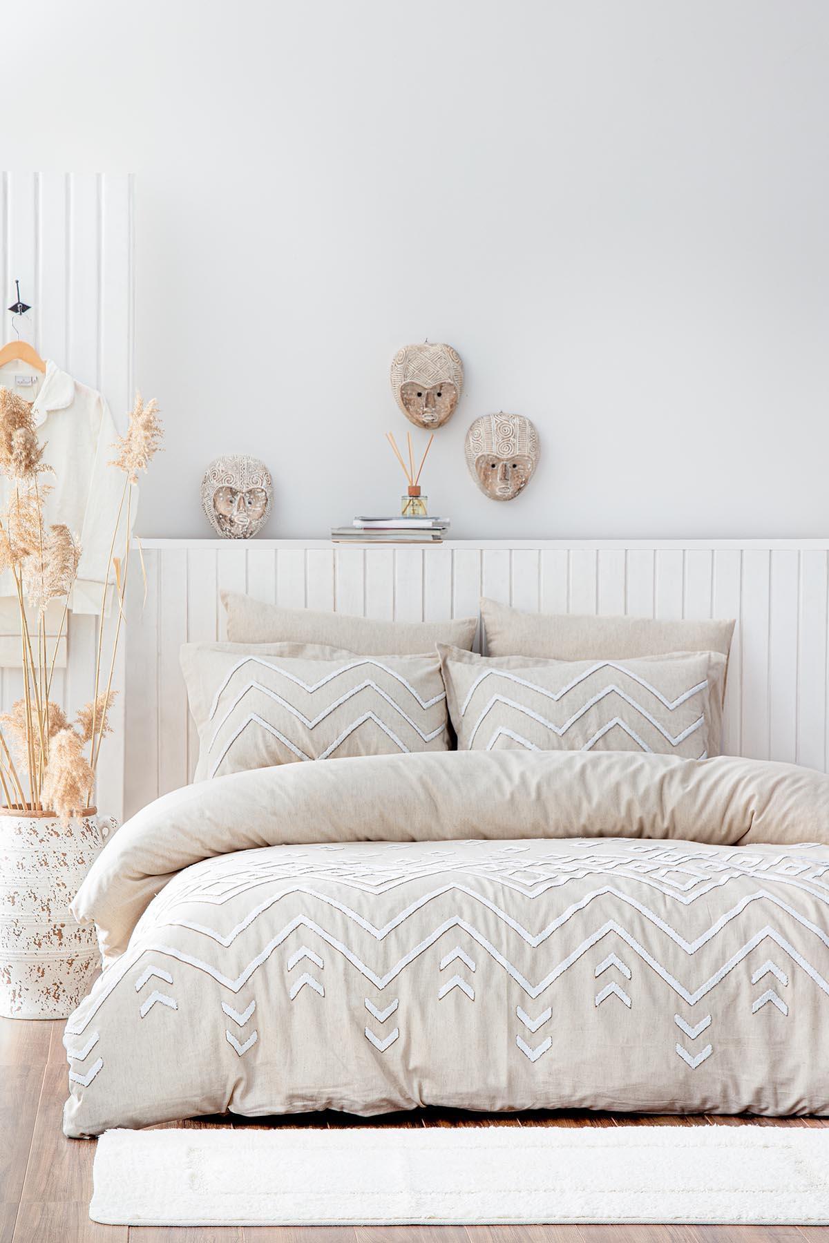 Ecocotton Talya Krem/Bej Çift Kişilik %100 Organik Pamuk Keten Panç Nakışlı Nevresim Takımı