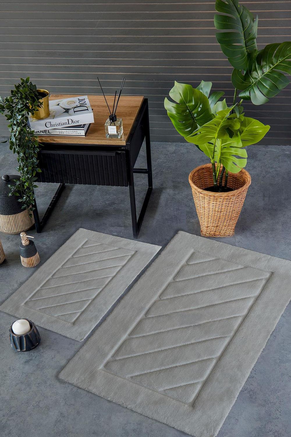 HCW Cross Gri %100 Pamuk Viskon 2 Parça Banyo Paspas Seti 40*60+60*100 cm