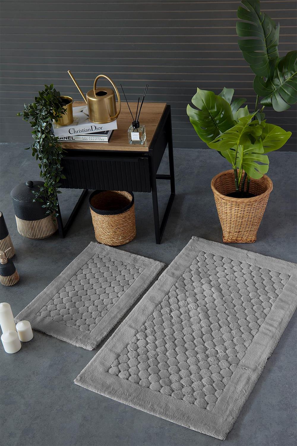 HCW Poil Açık Gri %100 Pamuk Viskon 2 Parça Banyo Paspas Seti 40*60+60*100 cm