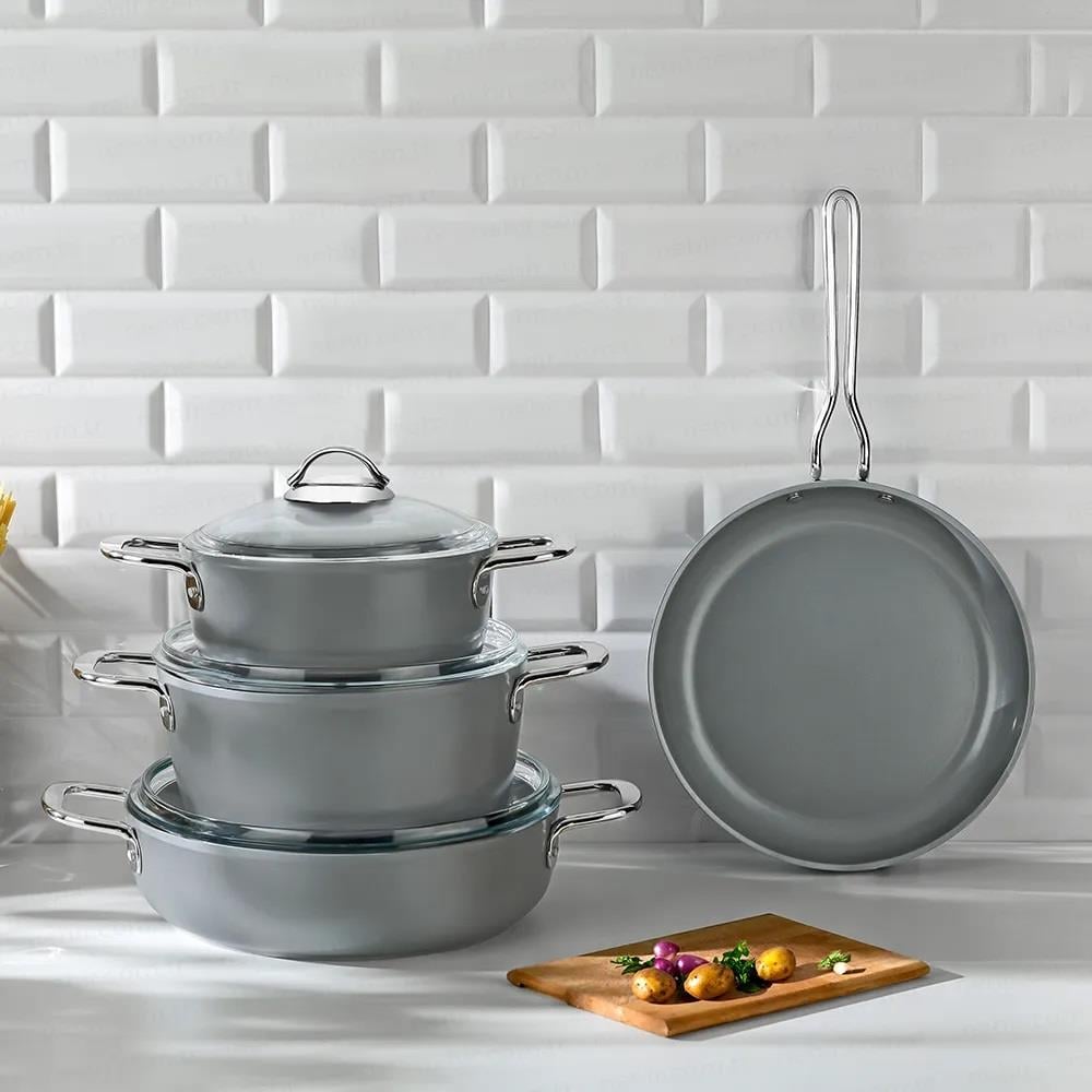 Nehir Galaxy Ceramic Gri 7 Parça Tencere Seti