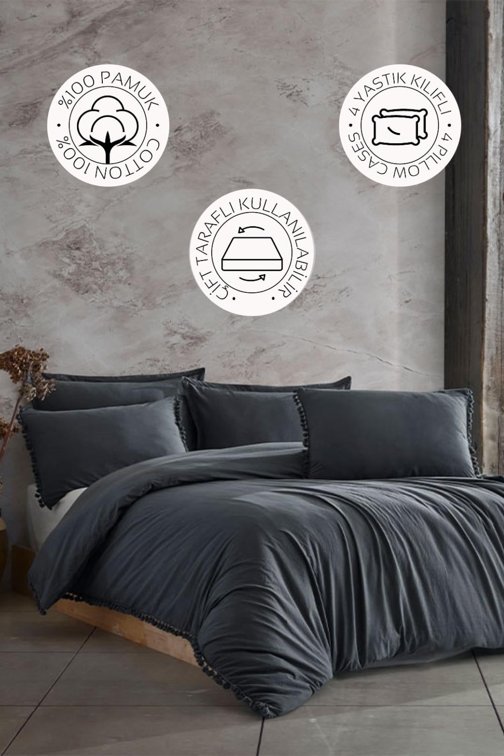 Novella Home Nil Antrasit Çift Kişilik %100 Pamuk Yıkamalı Nevresim Takımı